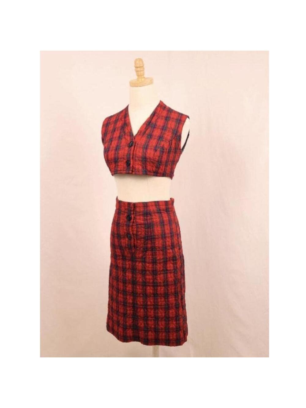 Vintage 60s Red Green Navy Plaid Two-Piece Co-ord Vest and Skirt Set XS